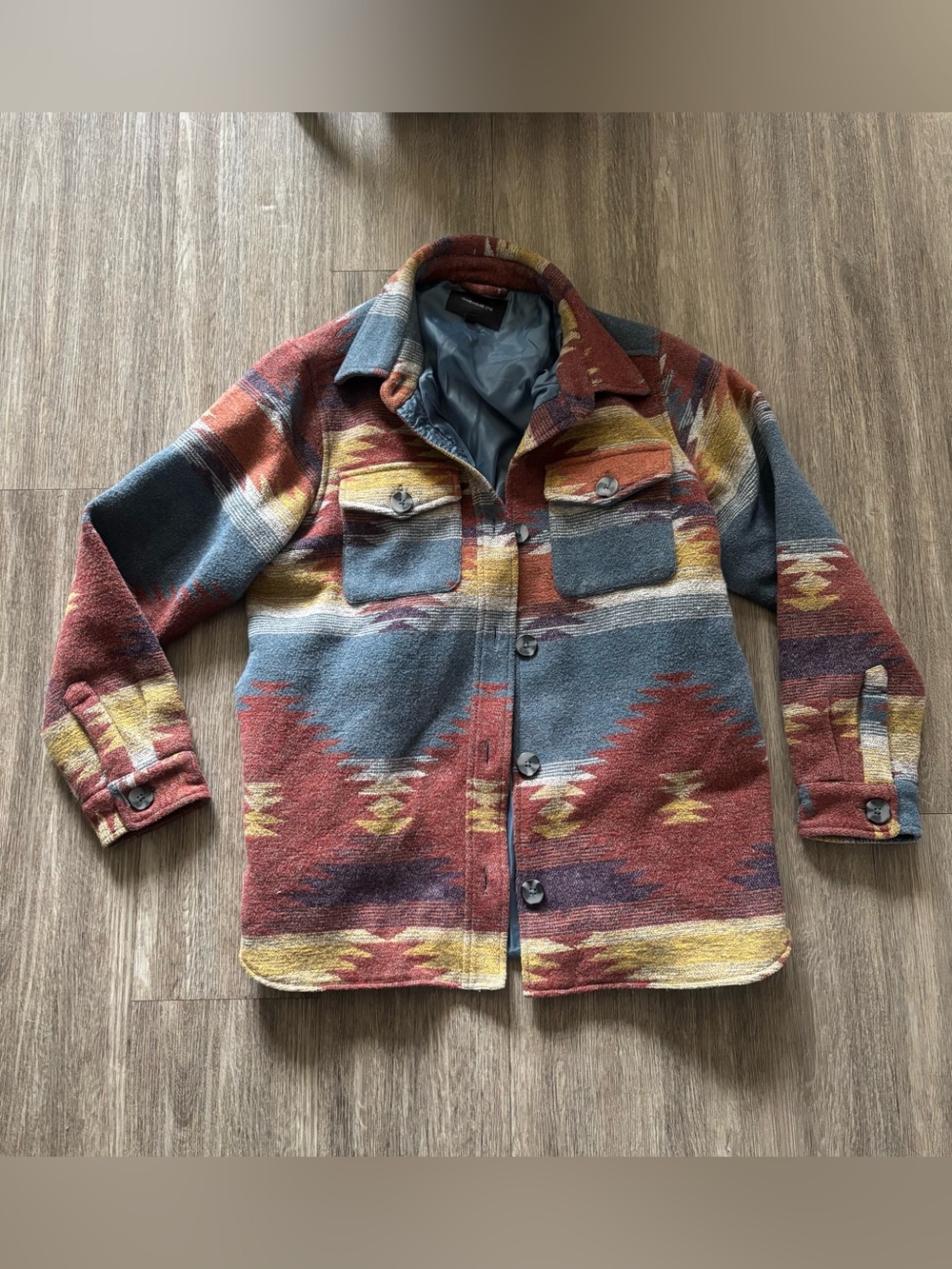 Western Style Lightweight Shirt Jacket in Rust, Blue & Cream